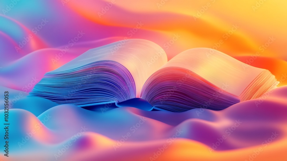 Poster vibrant gradient abstract 3d illustration for world book day featuring an open book with flowing pag