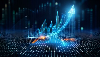 Abstract financial chart with upward trend line graph on a dotted grid background, concept of growth and success. 3D Rendering