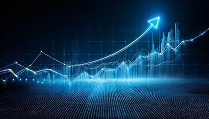 Abstract financial chart with upward trend line graph on a dotted grid background, concept of growth and success. 3D Rendering