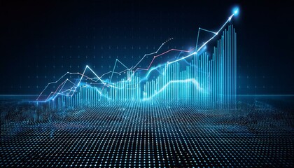 Abstract financial chart with upward trend line graph on a dotted grid background, concept of growth and success. 3D Rendering