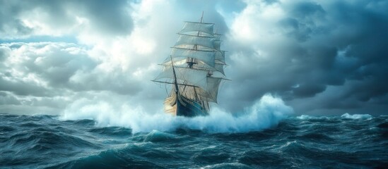 A tall ship sails through a stormy sea with large waves crashing around it.