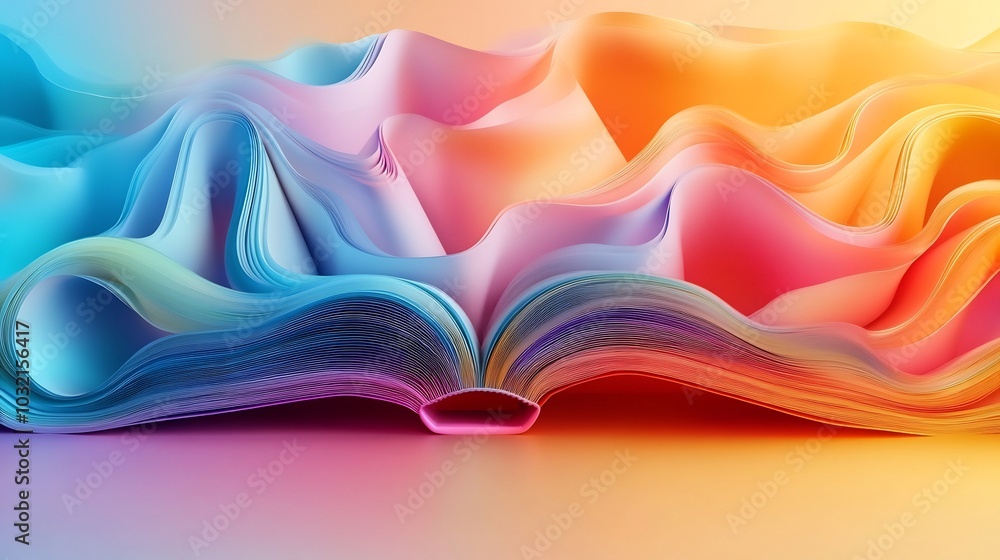 Poster vibrant gradient abstract 3d illustration for world book day featuring an open book with flowing pag