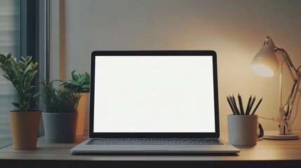 A laptop with a blank screen sits on a wooden desk with plants, pencils in a holder, and a lamp casting a warm glow.