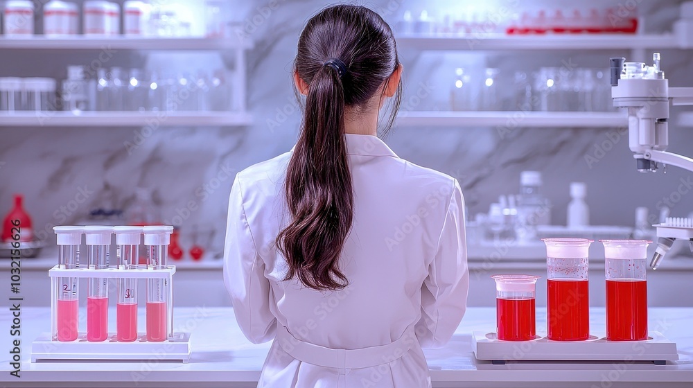 Poster scientist in lab coat analyzing colorful liquids in a modern laboratory setting.