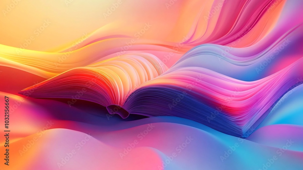 Poster vibrant gradient abstract 3d illustration for world book day featuring an open book with flowing pag