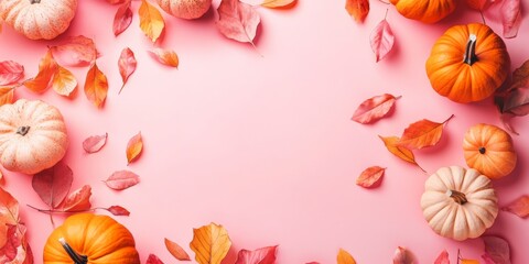Thanksgiving Season Wallpaper With Fall Leaves and Pumpkins, Copy Space, Pastel Pink Background