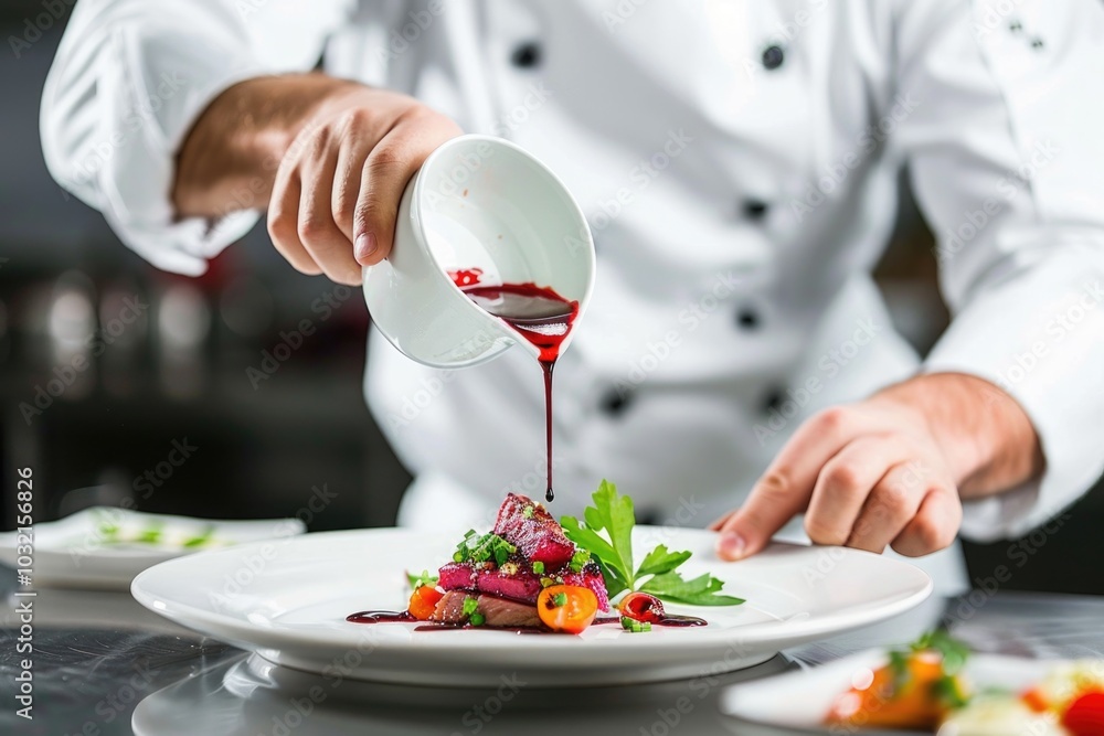 Poster a chef adding a finishing touch to a dish with a drizzle of sauce