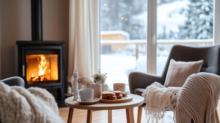 Minimalistic hygge living room interior in white color, room in cottage or guest house in winter snowy forest, fireplace and set tea table in warm modern room, winter holidays slowcation concept, AI