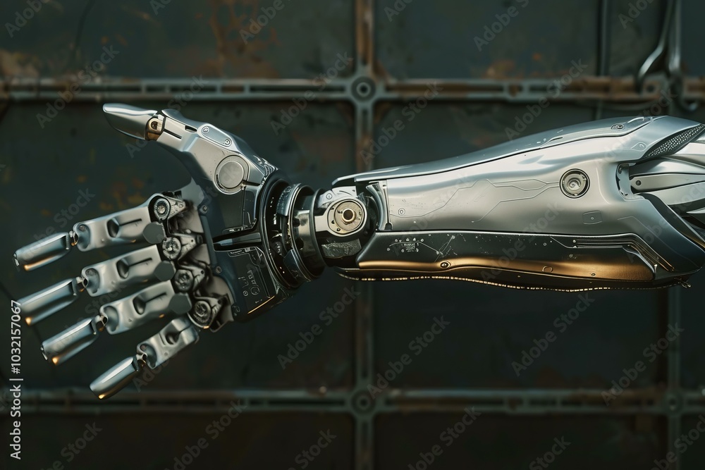 Poster robotic hand with a metallic finish is extending its open palm towards the viewer in a gesture of gr