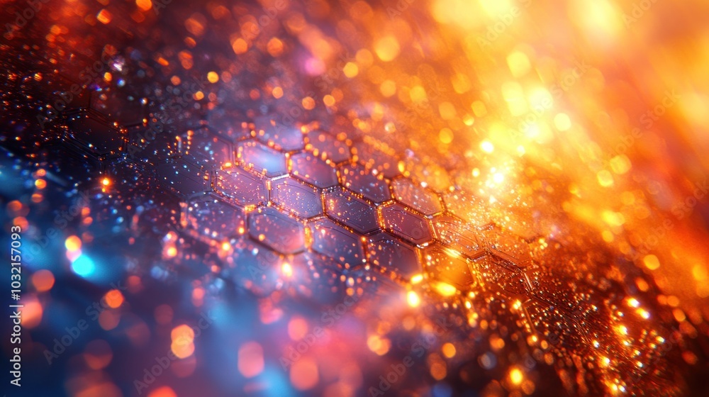 Poster abstract background with hexagonal pattern, blurred and glowing in shades of orange, red, and blue.