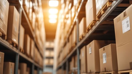 Fototapeta premium Warehouse operations, Warehouse interior with rows of stacked cardboard boxes, soft lighting creating a warm atmosphere.