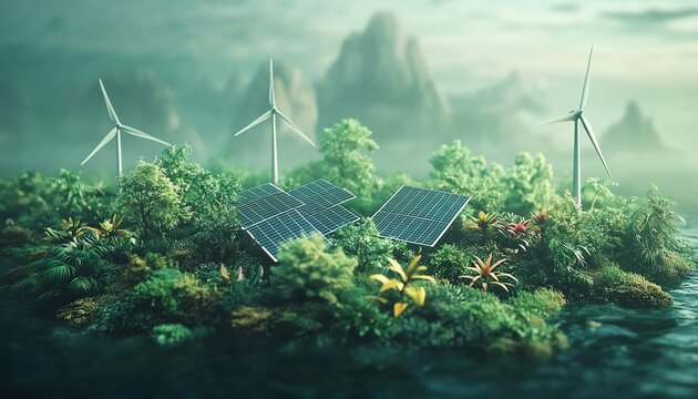 An inspiring image of solar panels and wind turbines working together in harmony, highlighting sustainable green energy solutions for the future