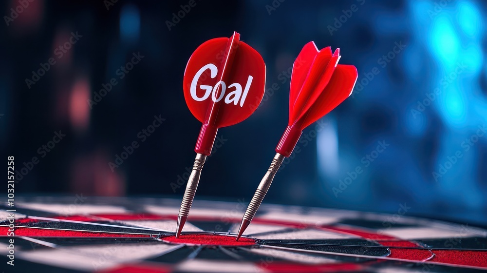Poster a close-up of a dartboard showing a goal target with red darts, emphasizing achievement and sporting