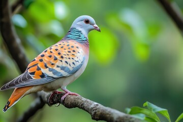 Naklejka premium A Colorful Spotted Dove Perched on a Branch