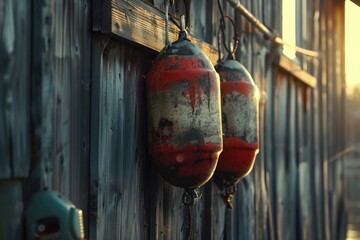 A pair of buoys hang from a wooden wall, ready for use