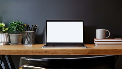 Close up of dark designer office desk with mock up laptop on wooden table. 3D Rendering.
