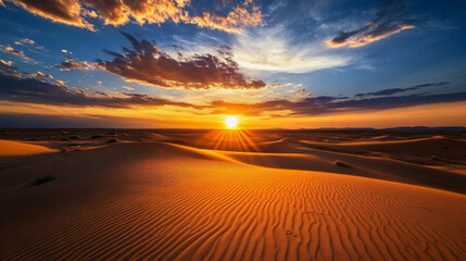 
A stunning view of golden sand dunes at sunset, where the soft light of the setting sun casts long shadows across the rippled surface.
