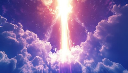 A massive energy beam ascends into the night sky, illuminating the clouds vividly