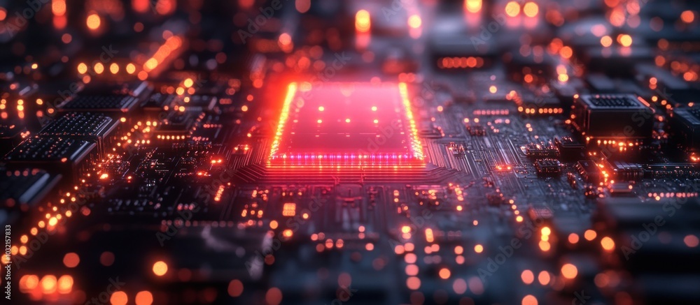Poster a close-up of a glowing red circuit board with a chip in the center.