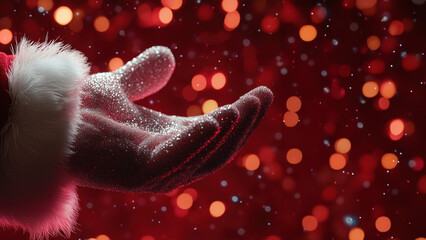 Glittering Santa hand reaching out in red background.