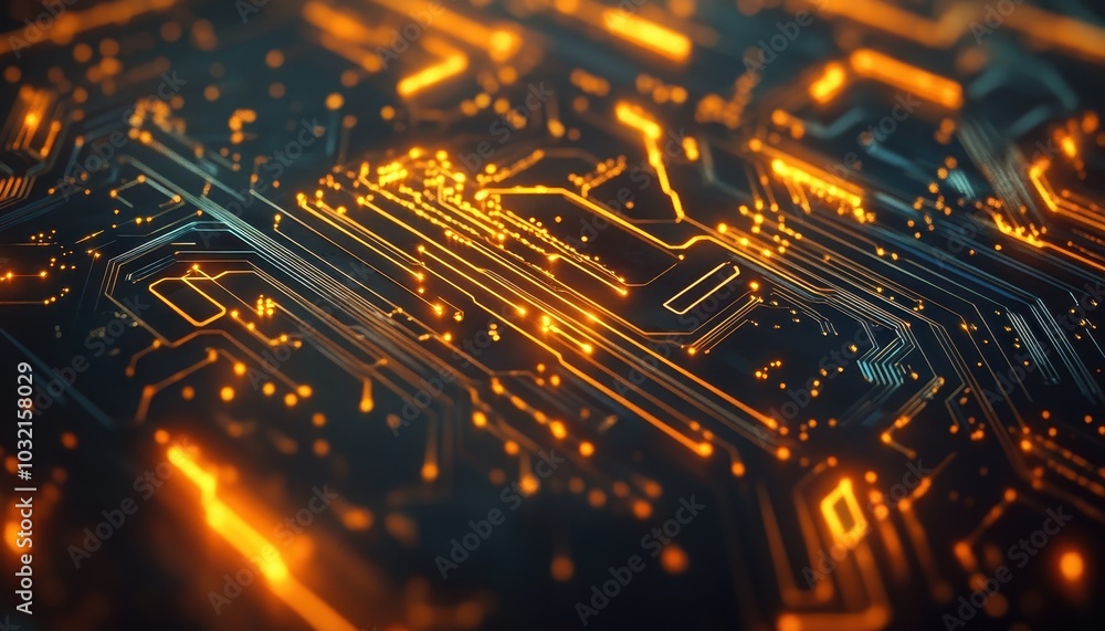 Poster abstract computer circuit board design with glowing elements in dark tones