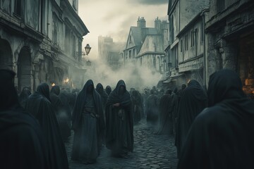 Naklejka premium Group of hooded figures in a misty, old European village