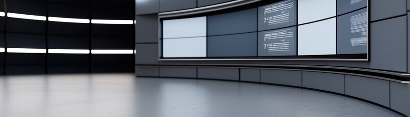 Obraz premium Modern digital studio with sleek screens and polished floors, ideal for presentations and broadcasts.
