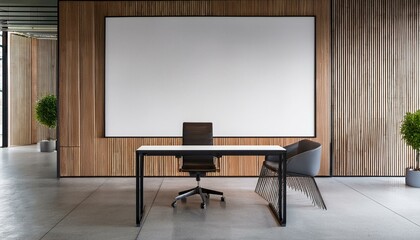 Front view on blank grey partition with place for your poster or picture frame in modern interior design office with wooden walls background, concrete floor and white table. 3D rendering, mock up