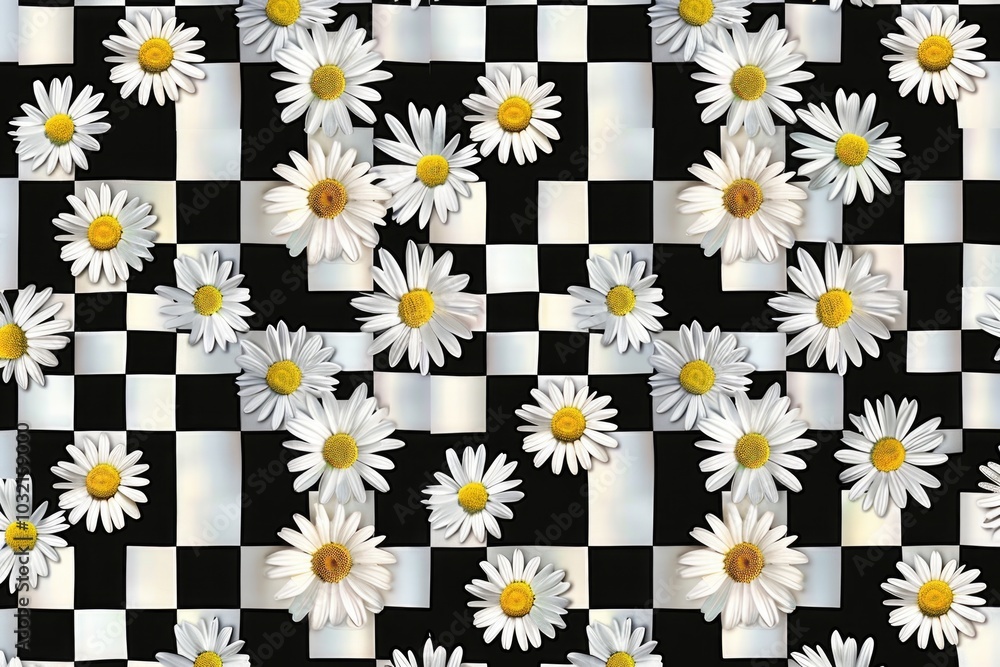Poster simple yet elegant background featuring black and white checks and delicate daisies, perfect for add