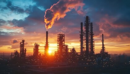 Industrial view of an oil refinery at sunrise against a cloudy sky