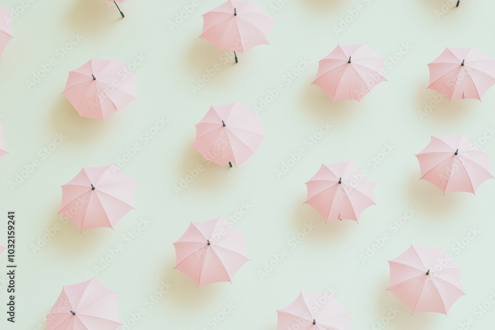 Poster pastel pink umbrellas on cream background - bright and crisp summery pattern with soft shadows