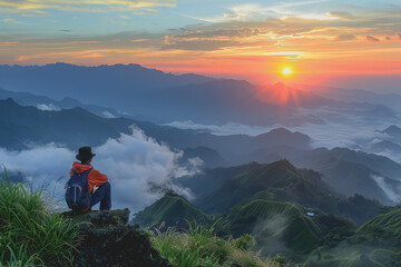 Naklejka premium A man who hikers enjoy a break look at the top of the mountain at sunset adventure travel.
