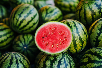 Close up of sliced watermelon with vibrant red flesh surrounded by whole green watermelons on market stall