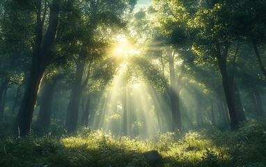 Fototapeta premium A serene nature landscape featuring sunlight filtering through towering green trees in a mystical forest, creating an enchanting atmosphere