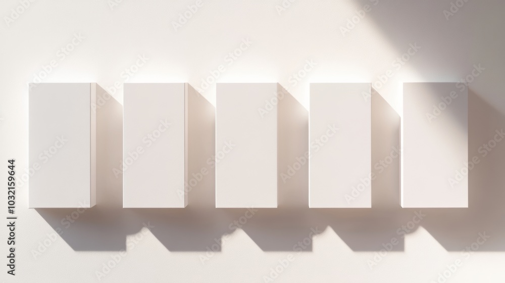 Aufkleber uniform white blocks aligned neatly, casting gentle shadows on a light backdrop, evoking simplicity 