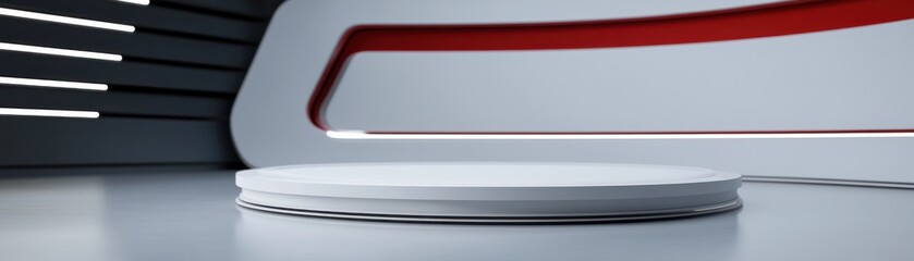 Modern display podium on a sleek background with geometric shapes and lighting.