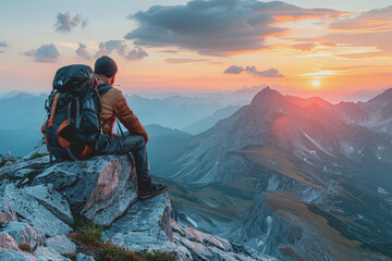 Fototapeta premium A man who hikers enjoy a break look at the top of the mountain at sunset adventure travel.