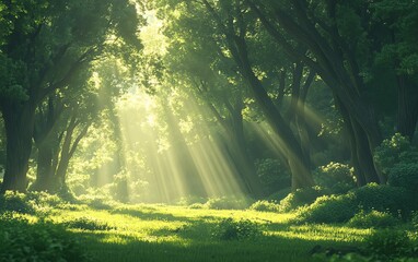 Fototapeta premium A tranquil landscape showcasing sunlight filtering through towering green trees, enhancing the magical ambiance of a serene forest