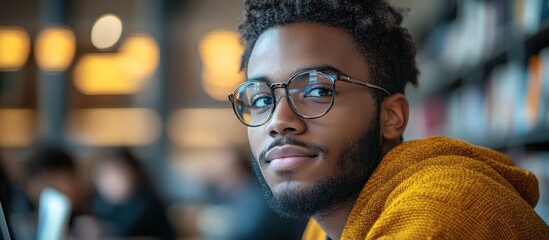 A young man with glasses looks thoughtfully off to the side.