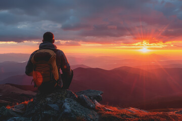 Fototapeta premium A man who hikers enjoy a break look at the top of the mountain at sunset adventure travel.
