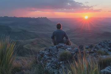 Obraz premium A man who hikers enjoy a break look at the top of the mountain at sunset adventure travel.