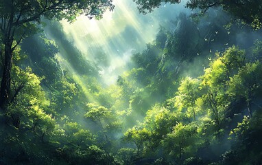 Obraz premium A tranquil landscape showcasing sunlight filtering through towering green trees, enhancing the magical ambiance of a serene forest