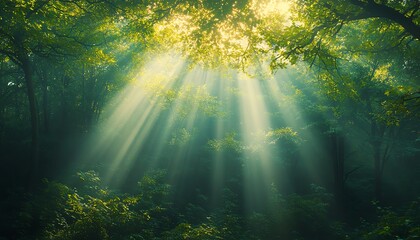 Obraz premium A vibrant forest scene with sunlight breaking through green treetops, creating stunning lens flare in captivating nature photography