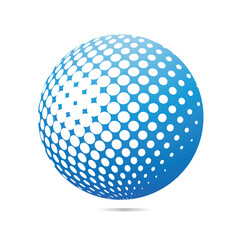 This is a 3d logo of a blue orb with dots on a white background