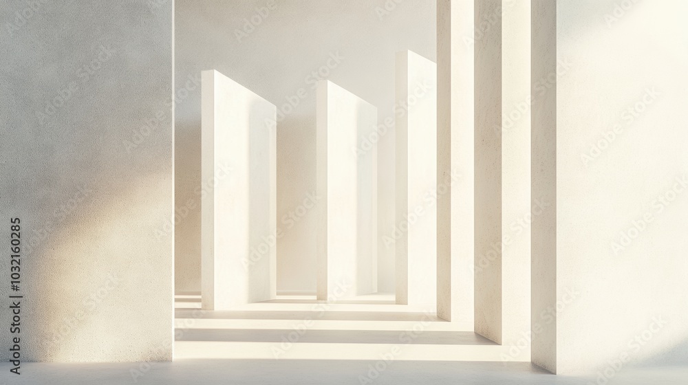 Poster uniform white panels aligned neatly, casting gentle shadows on a light backdrop, creating a serene a