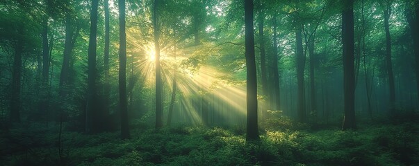 Obraz premium An ethereal image of sunlight breaking through the canopy of tall green trees in a mystical forest, perfect for serene nature photography