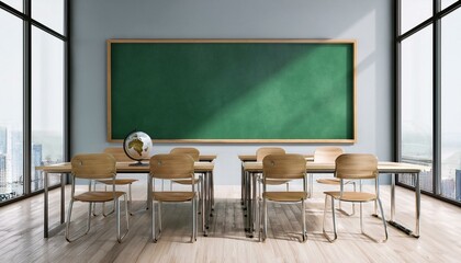 Modern classroom interior with green chalkboard and blank poster on wall. 3D Rendering