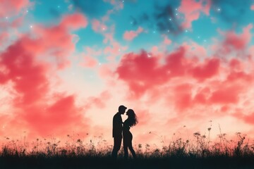 Romantic Couple Dancing in a Vibrant Field at Dusk