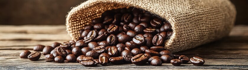 Fototapeta premium Coffee beans pouring from a neatly wrapped burlap sack, their dark tones contrasting with the textured bag on a wooden surface