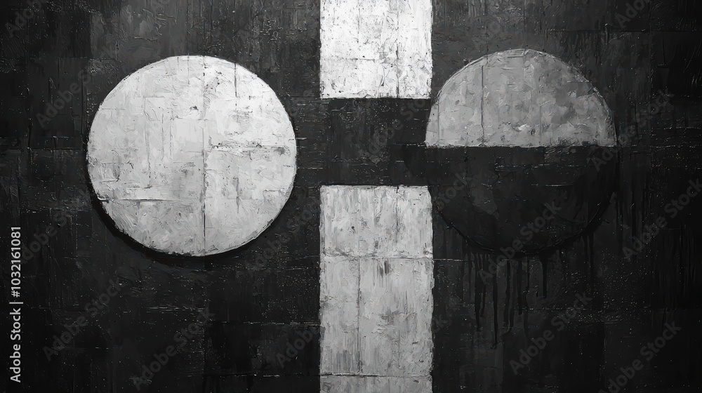 Poster abstract black and white artwork featuring two contrasting circles and a central line, creating a st